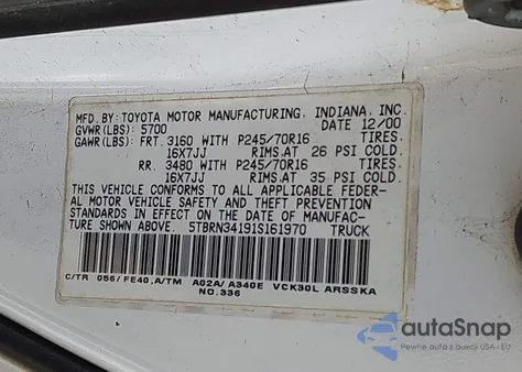 2001 Toyota Tundra Sr5 z USA, uszkodzony, nr VIN 5TBRN34191S161970